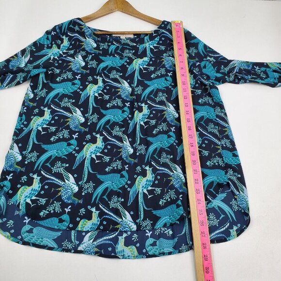 Ann Taylor LOFT Womens Peacock Tunic Top Size L Blue Roll Tab Sleeve Birds - Picture 13 of 13
